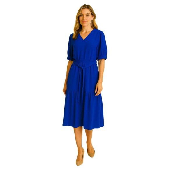 NWT, DKNY Blue Short Sleeve Tiered Midi Dress Size 4 With Belt - Picture 1 of 8